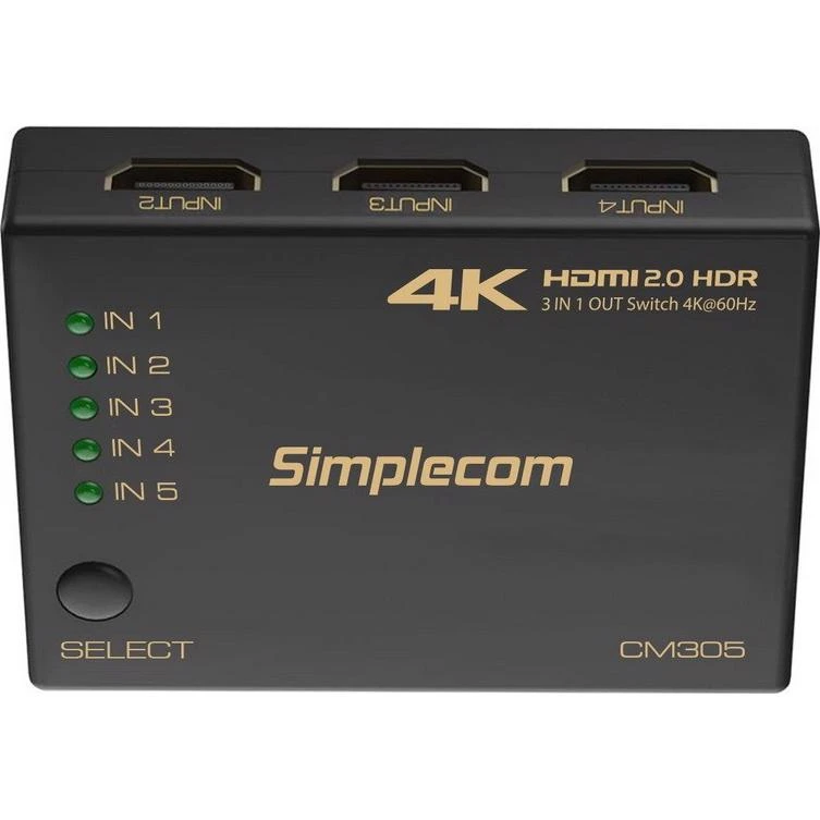 Simplecom CM305 5 Way HDMI 2.0 Switch 5 In 1 Out Splitter HDCP 2.0 4K 60Hz HDR - Image 2